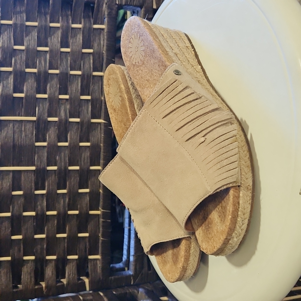 UGG Dane Suede Leather Fringe Wedge Sandal